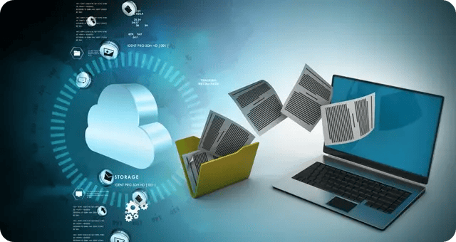 Dokumente fliegen aus einem Laptop in die Cloud