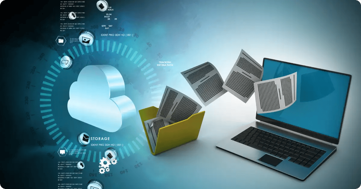 Dokumente fliegen aus einem Laptop in die Cloud