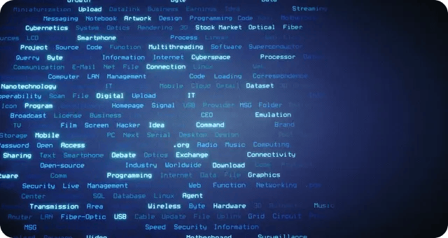 Begriffe aus der Cybersecurity Rubrik auf einem dunklen Hintergrund