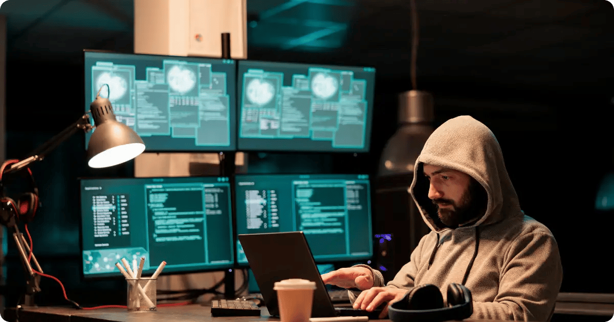 Hacker vor mehreren Bildschirmen