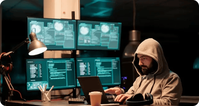 Hacker vor mehreren Bildschirmen