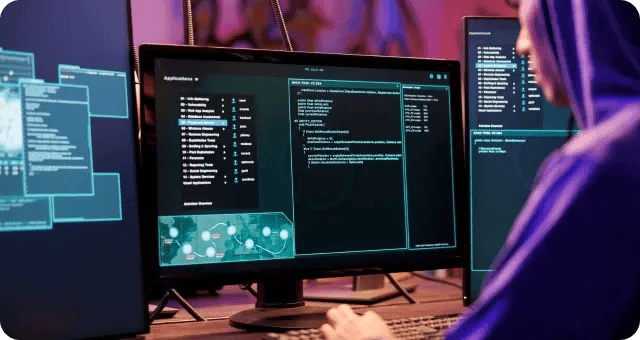 Hacker sitzt vor Monitoren